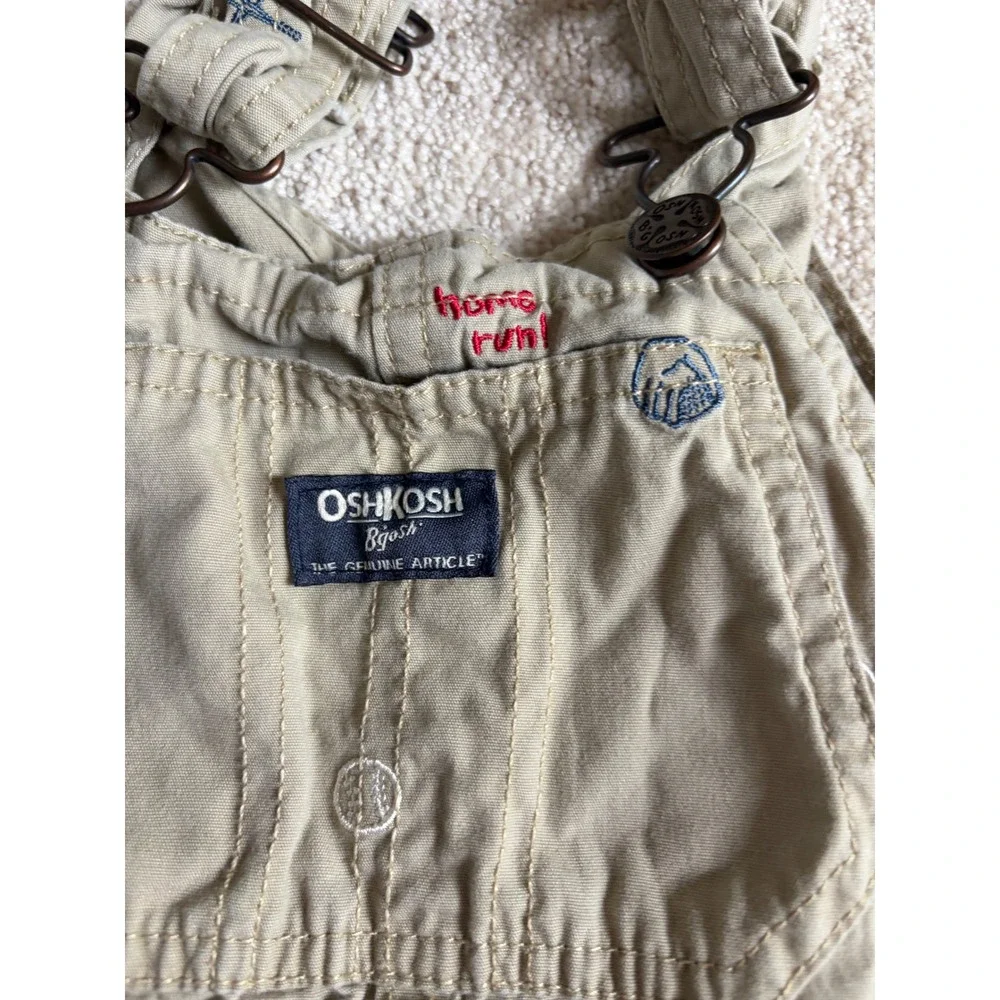 OshKosh Bgosh Kids 4T Khaki Baseball Home Run Embroidered Canvas Short Overalls